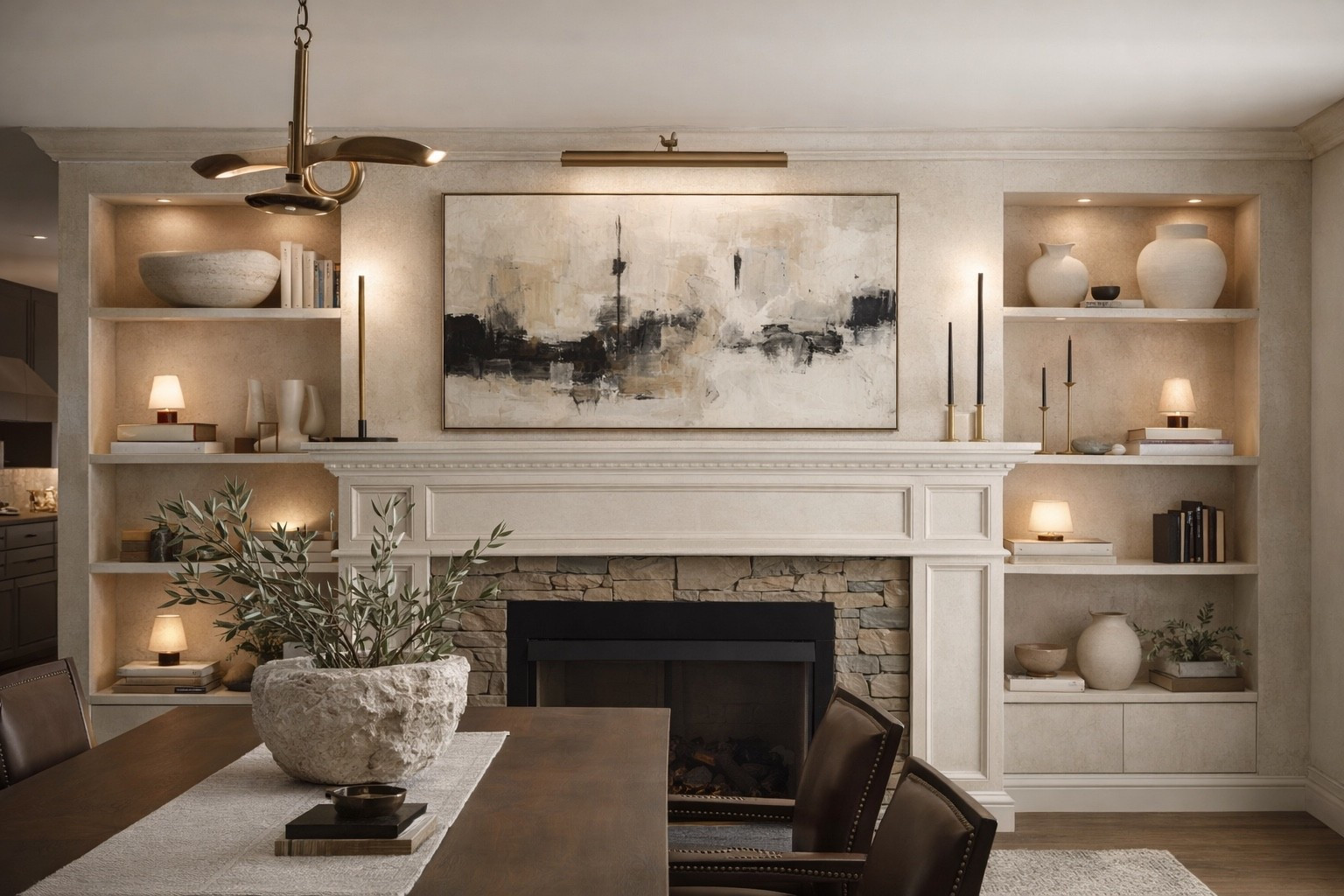 Dinning area bookshelf decor. Warm style decor  