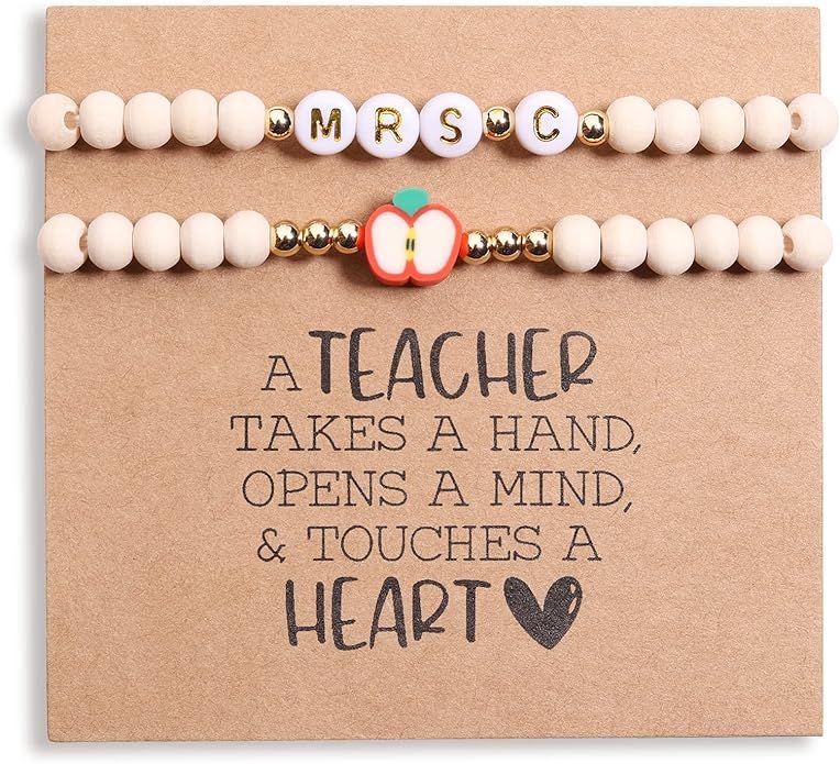 Miss Pink Personalized Teacher Appreciation Gifts Teacher Bracelet for Women, 2 Pcs Wood Beaded B... | Amazon (US)