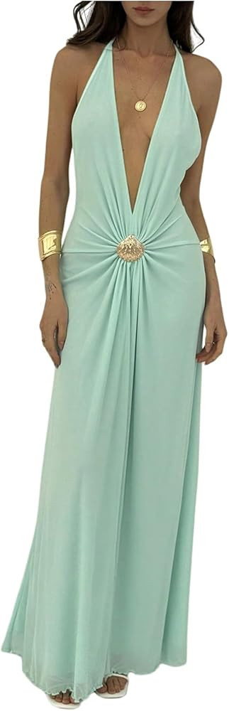 Milumia Women's Sexy Deep V Neck Halter Mesh Dress Tie Backless Long Cocktail Dresses | Amazon (US)