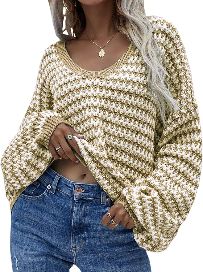 Angashion Womens Sweaters Pullover Oversized Deep V Neck Off Shoulder Tops Long Sleeves Loose Kni... | Amazon (US)