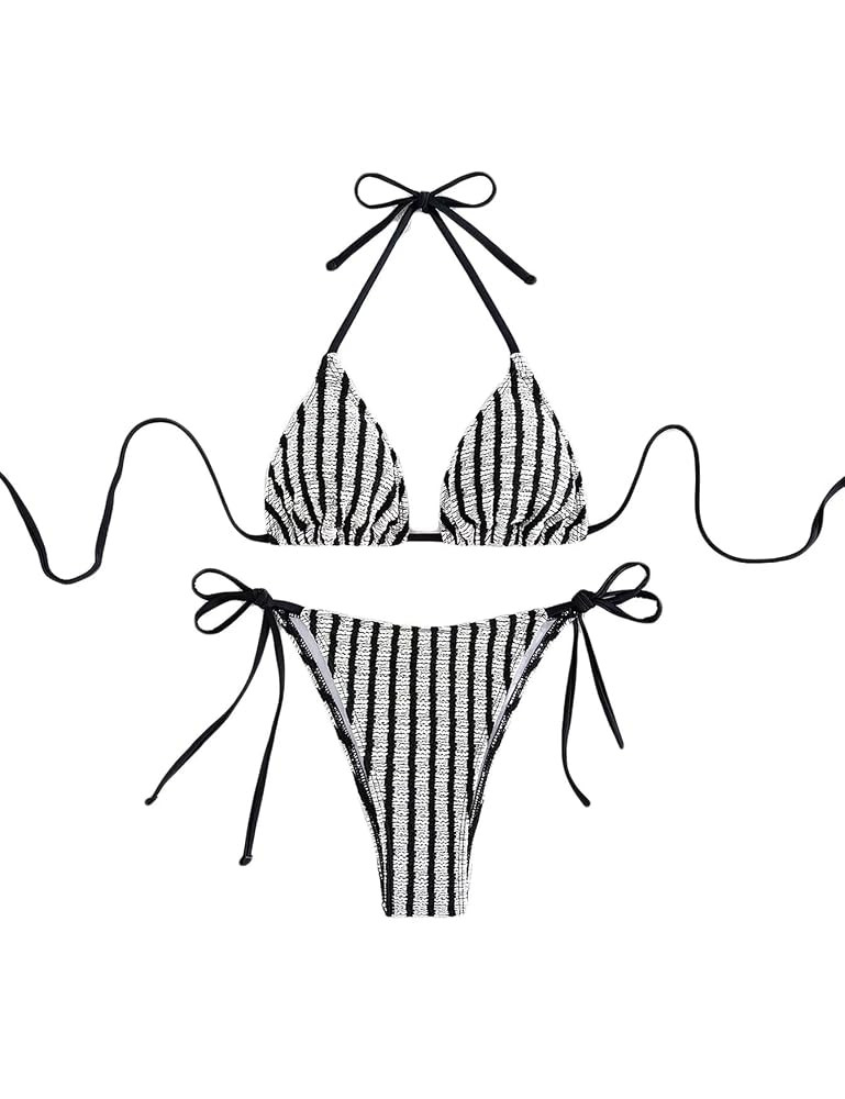 Women's Striped Halter Bathing Suit High Waisted Triangle Colorblock Swimsuit Bikini Set | Amazon (US)