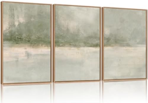 FWIEXA Grey Green Abstract Canvas Wall Art Set 3, Neutral Landscape Framed Prints, Modern Lake Sc... | Amazon (US)