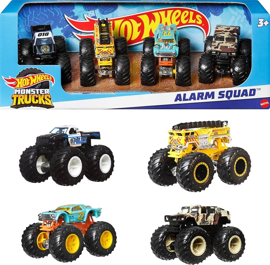 Hot Wheels Toy Monster Trucks Set of 4, 4-Pack of 1:64 Scale Alarm Squad Vehicles, Giant Wheels, ... | Amazon (US)