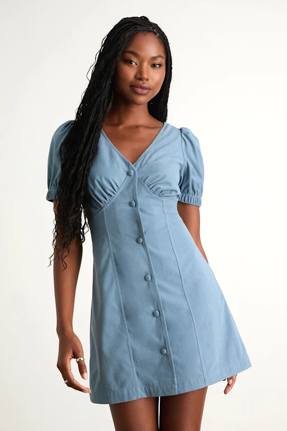Adored Cutie Light Blue Corduroy Button-Front Mini Dress | Lulus