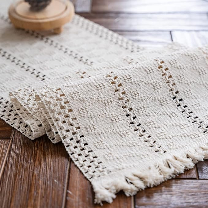 Alynsehom Macrame Table Runner Cream Beige Boho Table Runners with Tassels Hand Woven Cotton Tabl... | Amazon (US)