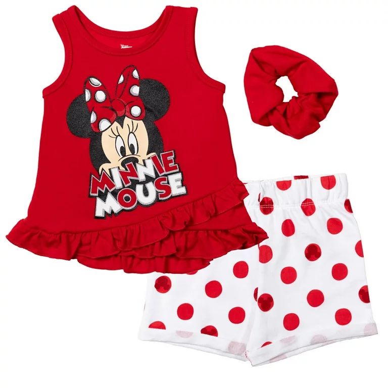 Disney Minnie Mouse Toddler Girls Tank Top French Terry Shorts and Scrunchie 3 Piece Outfit Set I... | Walmart (US)