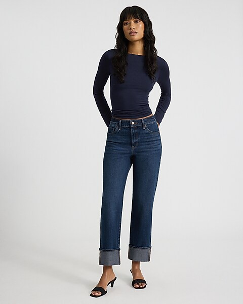 High Waisted Dark Wash Cuffed 50/50 Rigid Stretch Straight Ankle Jean | Express