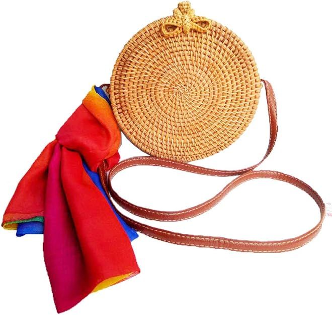 Zinuo Round Woven Ata Rattan Bag Summer Beach Shoulder Bag for Women | Amazon (US)