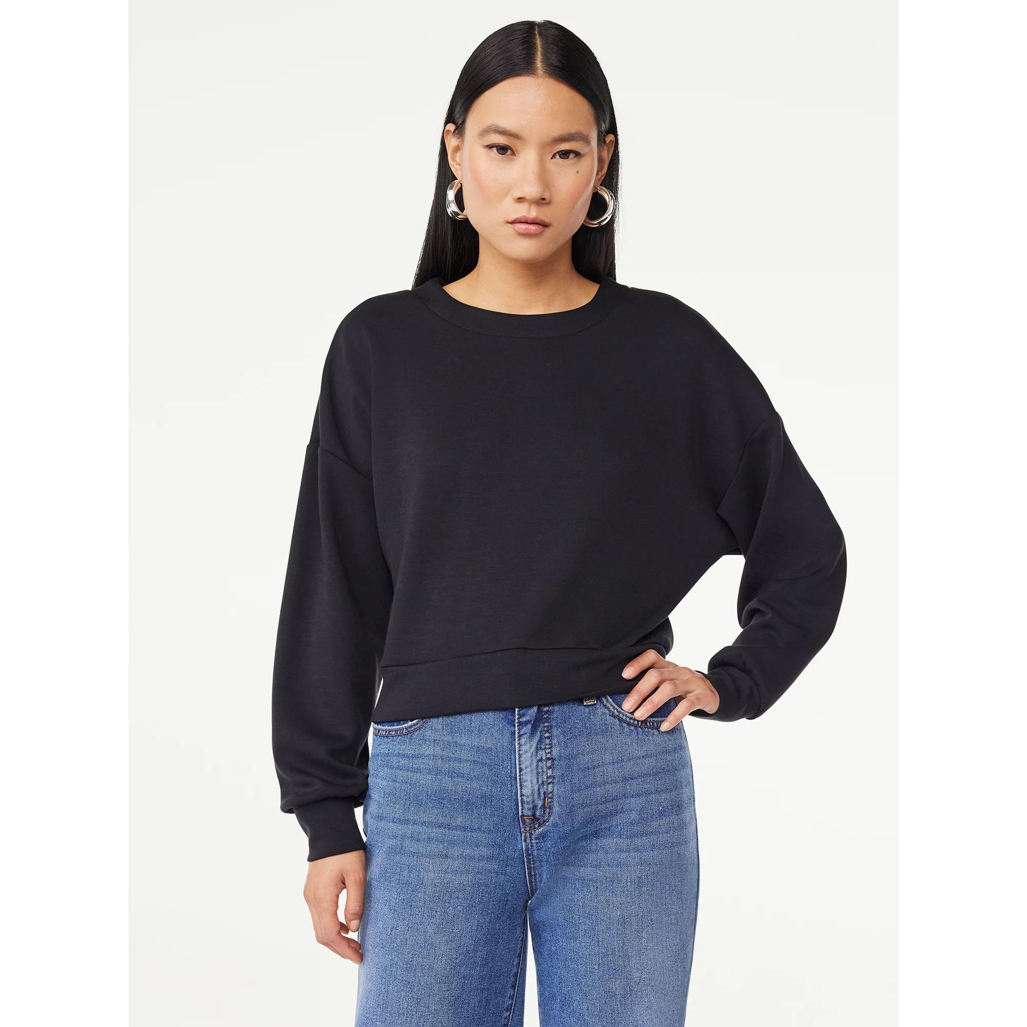 Scoop Women's Scuba Knit Cropped Sweatshirt with Drop Sleeves, Size XS-XXL | Walmart (US)