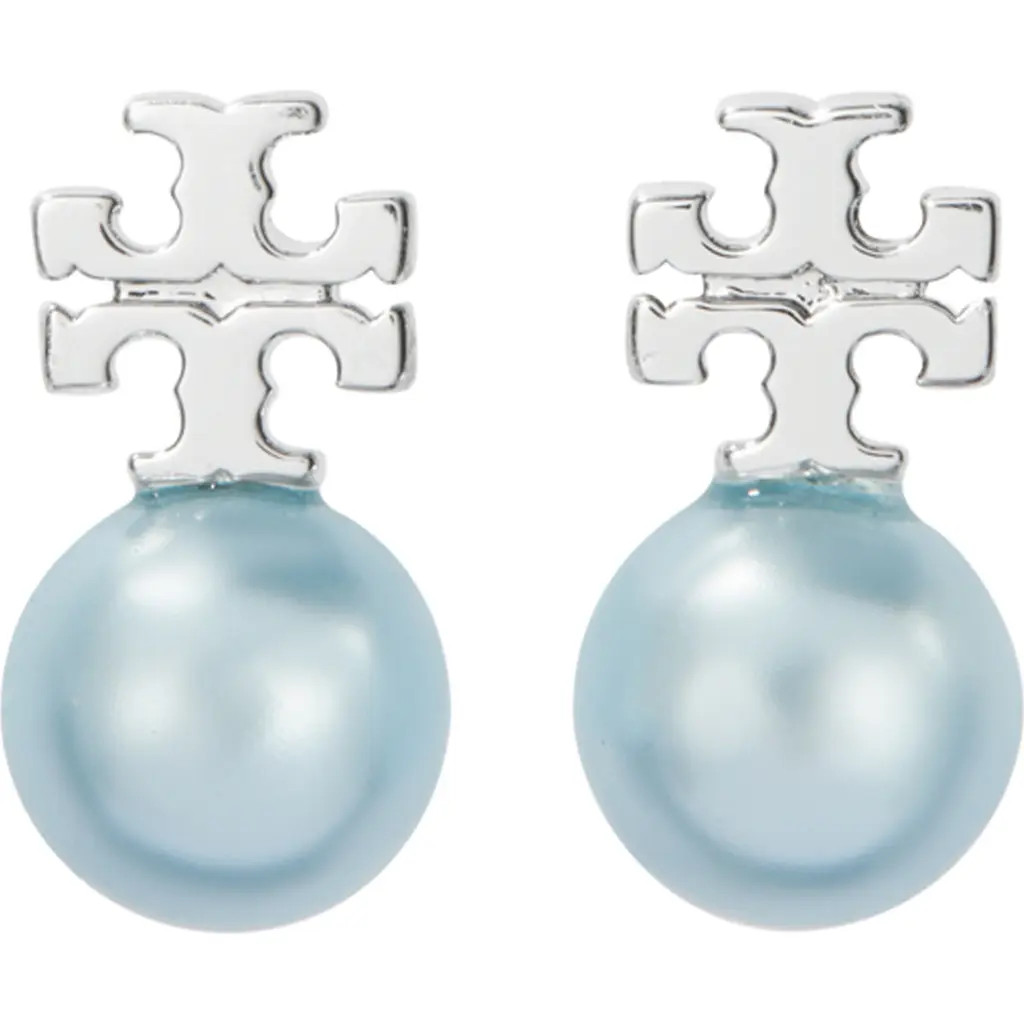 Tory Burch Faux Pearl Stud Earrings in Tory Silver/blue at Nordstrom | Nordstrom