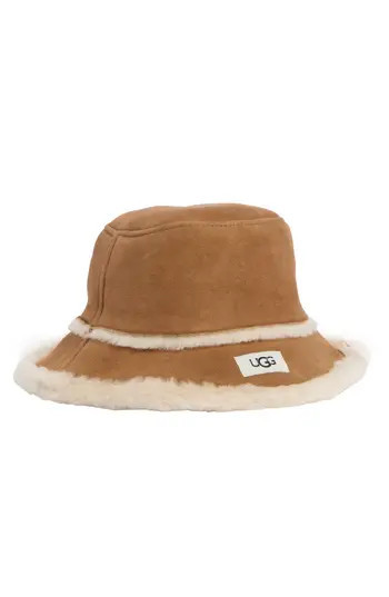 UGG® Sheepskin Genuine Shearling Trimmed Bucket Hat in Chestnut at Nordstrom Rack, Size Small/medium | Nordstrom Rack