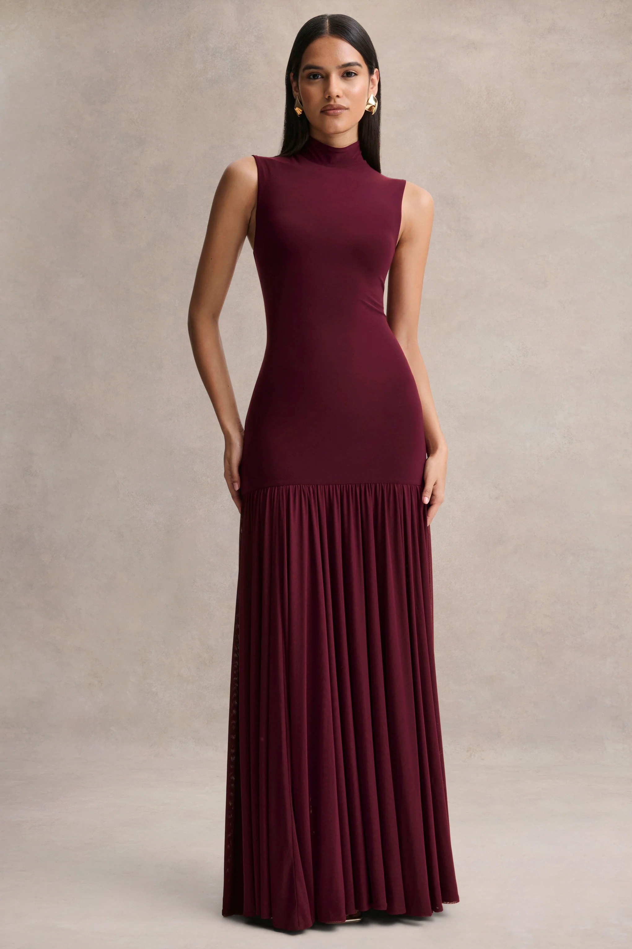 Gigi | Burgundy High-Neck Maxi Dress With Drop-Waist And Sheer Skirt | Club L London