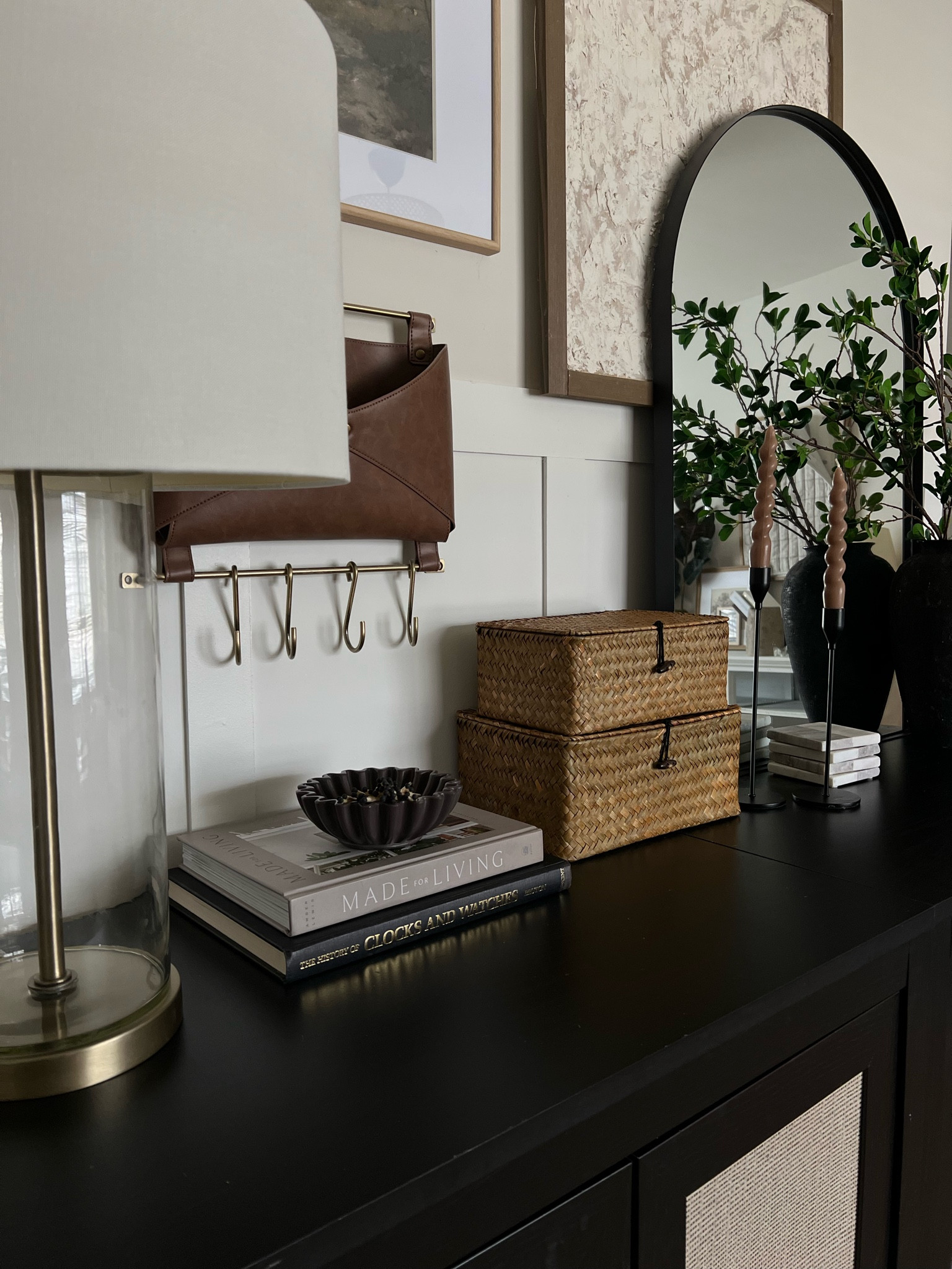Sideboard styling, console table decor, stacked woven boxes, scalloped dish, arch table mirror, glass table lamp, gold lamp, Temu home finds, rattan sideboard, black accent cabinets, Walmart furniture 

#LTKfindsunder50 #LTKhome #LTKsalealert