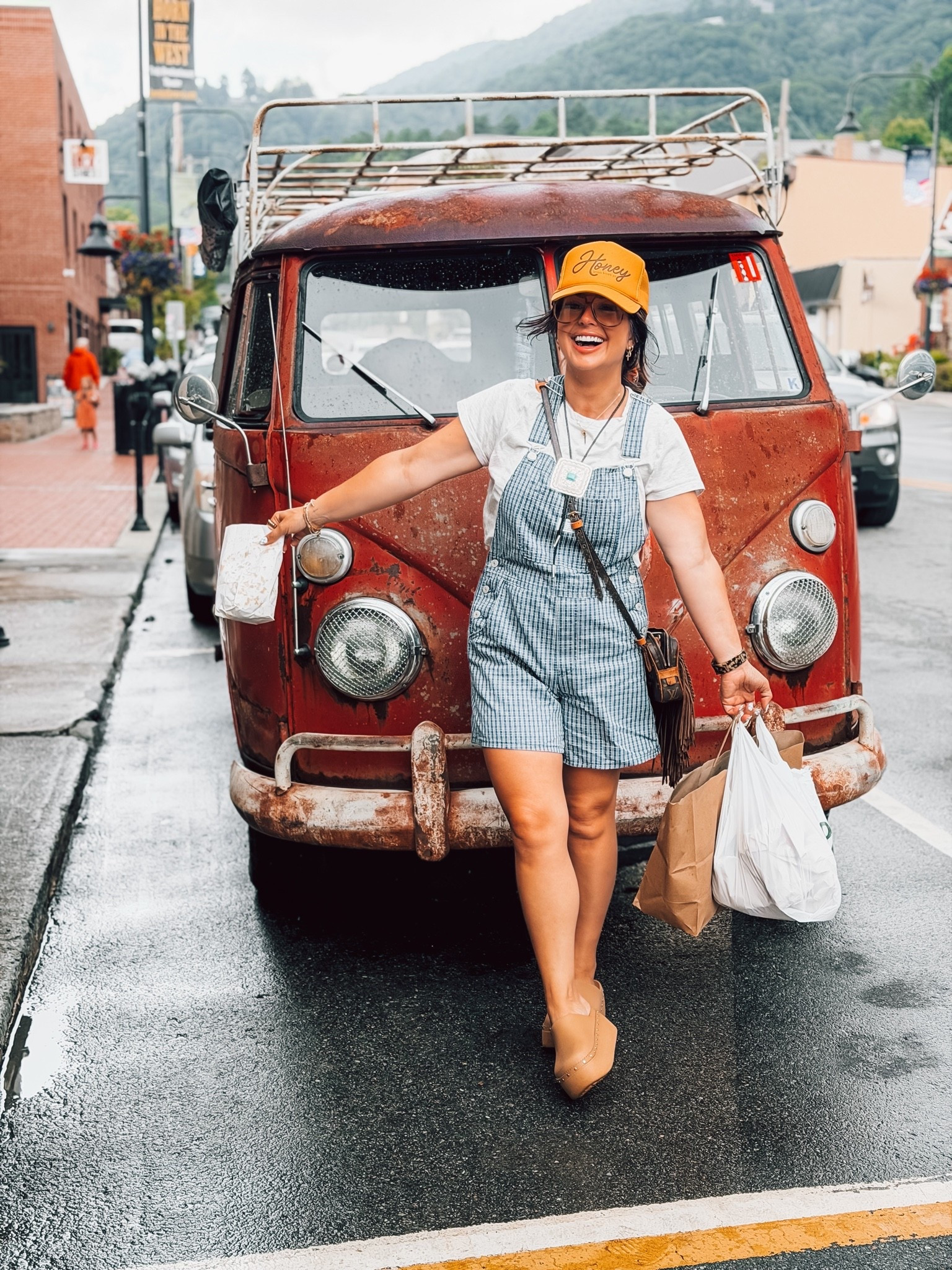 This  VW van was so stinking cute, we couldn’t pass up taking a pic with it! 

These @levi overalls are must haves for vacation! 

“Honey Jesus Loves Y’all” is my go to hat right now! 

@Crocs, Inc. @levi

#LTKdayinmylife #LTKTravel #LTKPetite