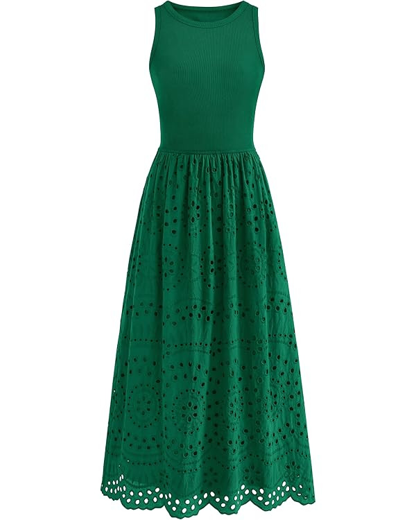 dowerme Women Summer Dresses 2025 Casual Sleeveless Crewneck A-Line Boho Lace Eyelet Cotton Tank ... | Amazon (US)