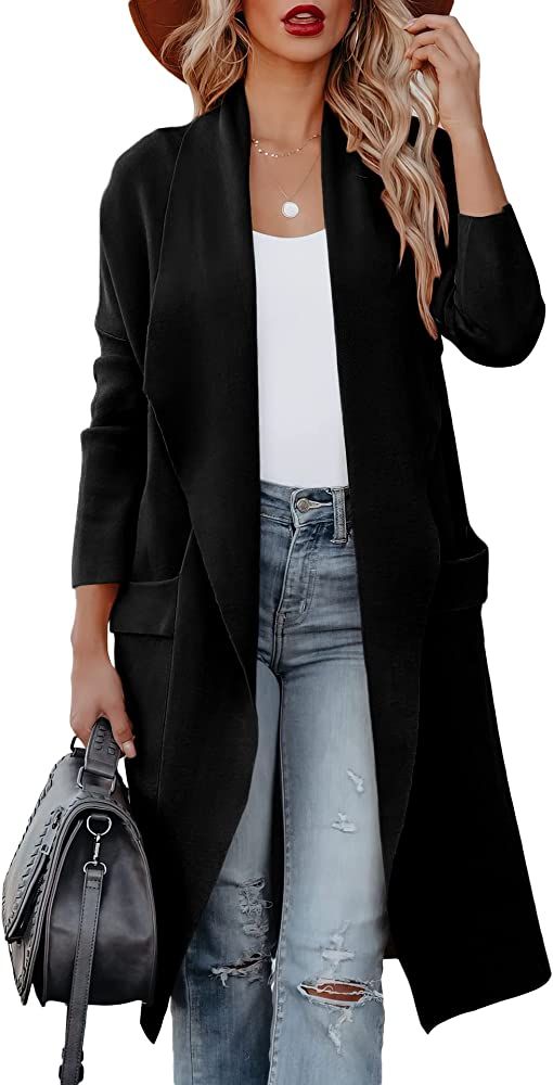 ANRABESS Women's Casual Long Sleeve Draped Open Front Knit Pockets Long Cardigan Jackets Sweater | Amazon (US)