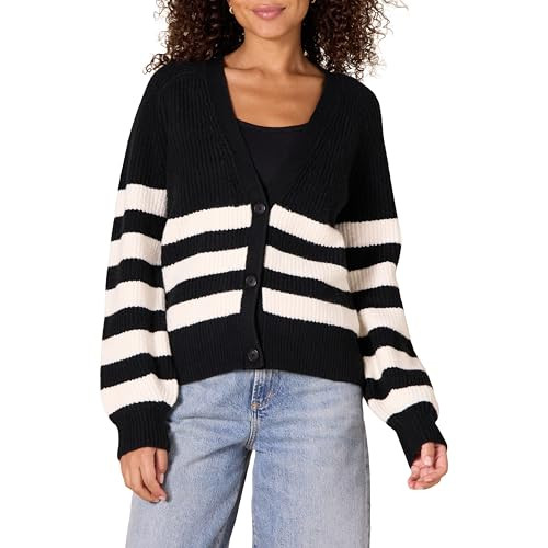 Amazon Essentials Women's Soft Touch Ribbed Blouson Cardigan, Black Ivory Stripe, Large | Amazon (US)