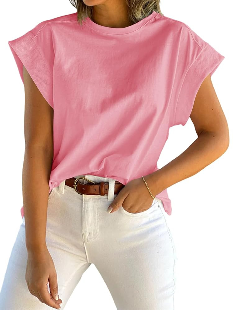 Tankaneo Womens Summer Cap Sleeve Tank Top Crew Neck Solid Casual Loose Fit Basic Tee Shirt | Amazon (US)