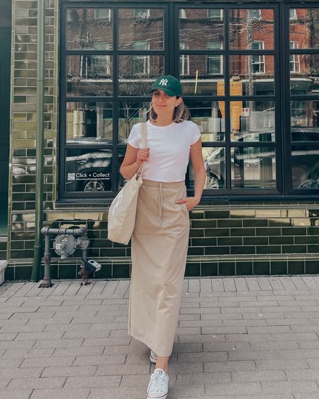 Casual mom outfit for summer - maxi skirt, tee, baseball cap & sneakers 

#LTKStyleTip