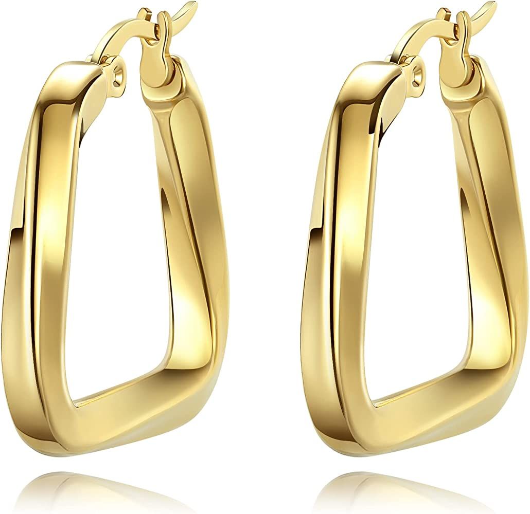 YeGieonr Gold Hoop Earrings for Women, Stainless Steel Rectangle Hoops with 18K Real Gold Plated,... | Amazon (US)