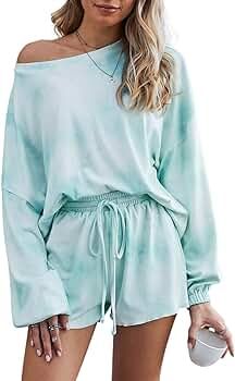 Womens Tie Dye Printed Ruffle Short Lounge Set Long Sleeve Tops and Shorts 2 Piece Pajamas Set Sl... | Amazon (US)