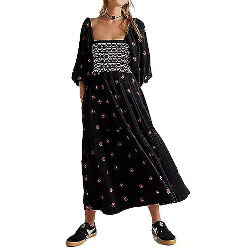 ABYOVRT Women Floral Embroidered Maxi Dress Long Puff Sleeve Square Neck Bohemian Flowy Dress with Pockets Smocked Fall Dress (Black,M) | Amazon (US)