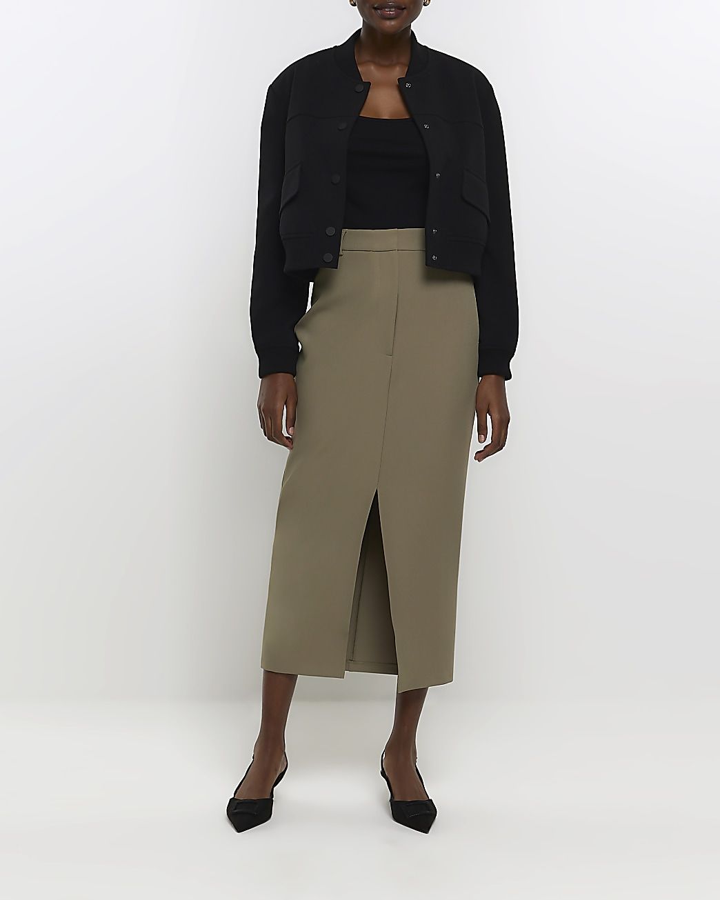 Khaki front split pencil midi skirt | River Island (UK & IE)