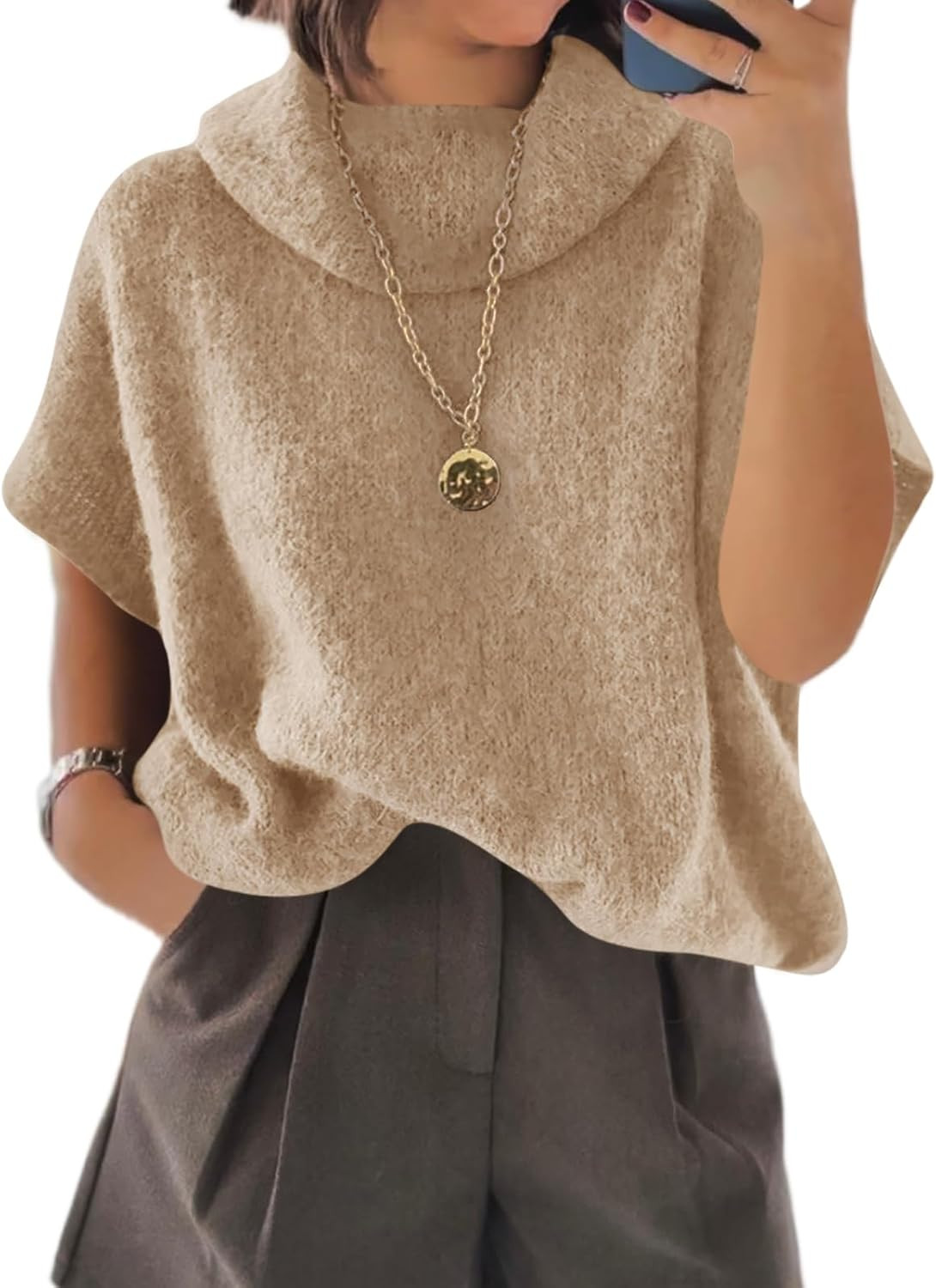 Cicy Bell Womens Oversized Turtleneck Sweaters Short Sleeve Pullover Tops | Amazon (US)