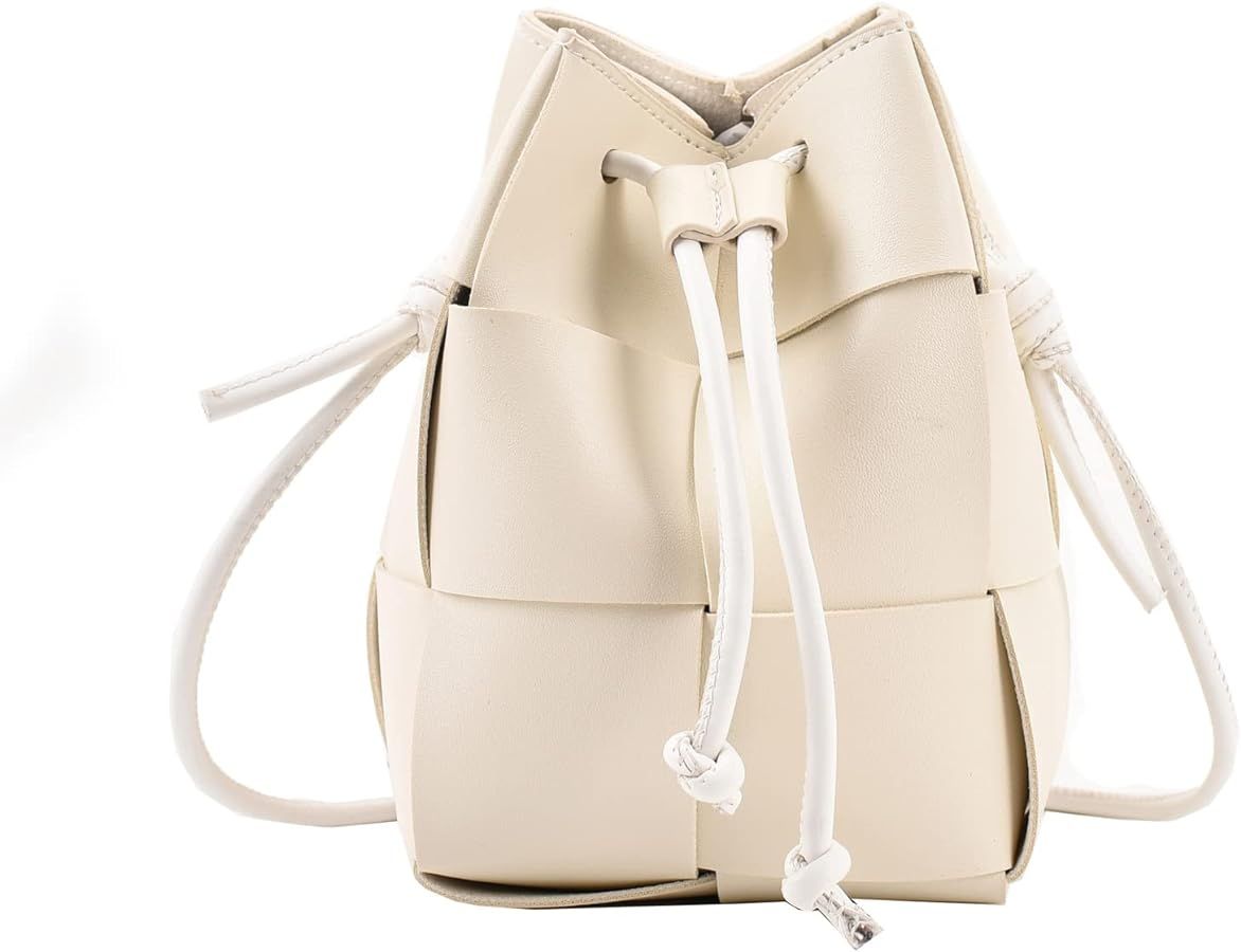 Women's Woven Bucket Bag Crossbody Handbag PU Square Lattice Drawstring Leather Small Shoulder Ba... | Amazon (US)