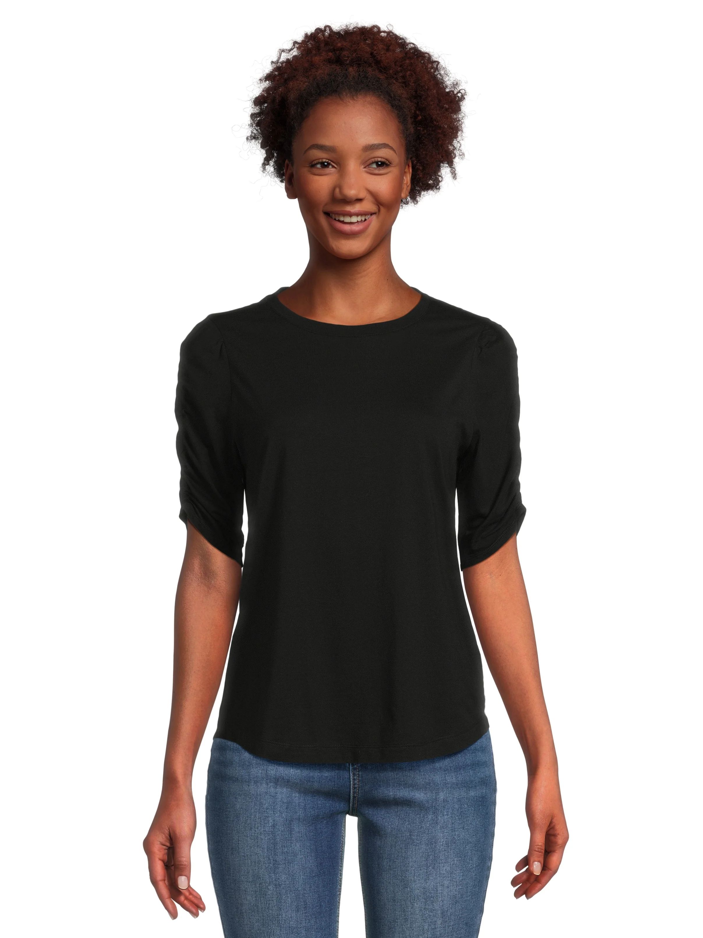 Time and Tru Women's Top with Short Ruched Sleeves, Sizes S-XXXL | Walmart (US)