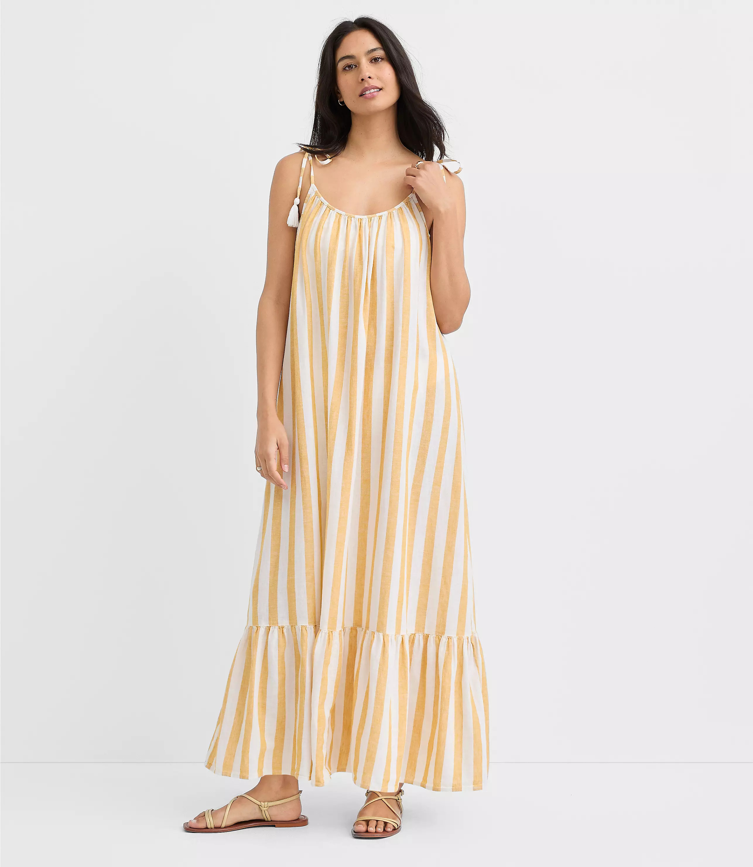 LOFT Beach Striped Tie Strap Linen Cotton Maxi Dress | LOFT