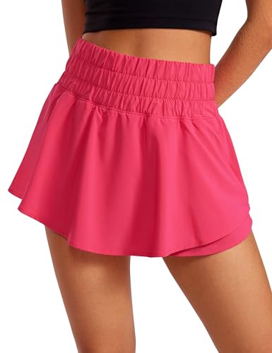 CRZ YOGA Ruffle Skirt Overlay Athletic Shorts for Women - High Waisted Flowy for Workout Running Tennis with Zip Pocket Lip Gloss Pink Small | Amazon (US)