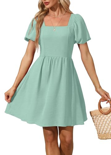 OFEEFAN Short Summer Dresses for Women Short Sleeve Square Neck Mini Dress with Tie Sage Green XS | Amazon (US)