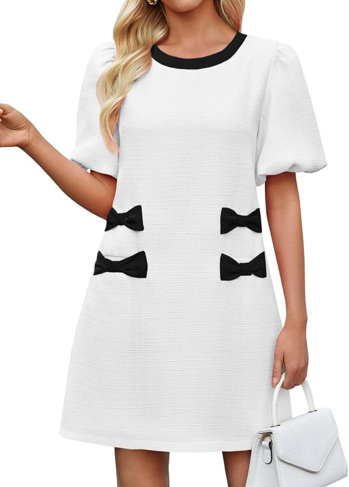Wenrine Womens Summer Mini Dress Casual Tweed Short Sleeve Bow Work Business Dresses with Pockets | Amazon (US)
