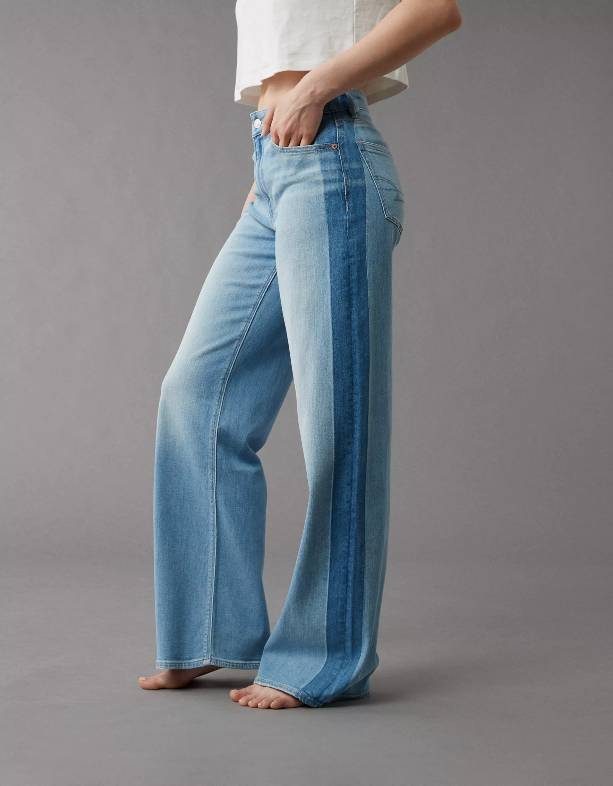 AE Dreamy Drape Stretch Side Stripe Super High-Waisted Baggy Wide-Leg Jean | American Eagle Outfitters (US & CA)