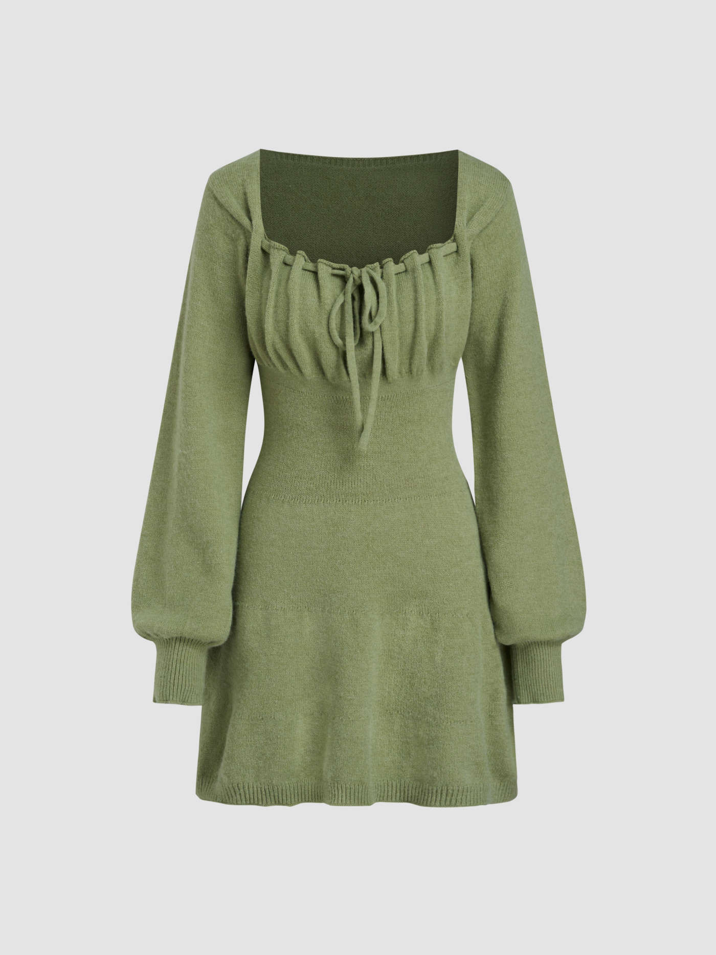 Knit Fabric Knit Square Neck Knotted Puff Sleeve Mini Dress For Work | Cider