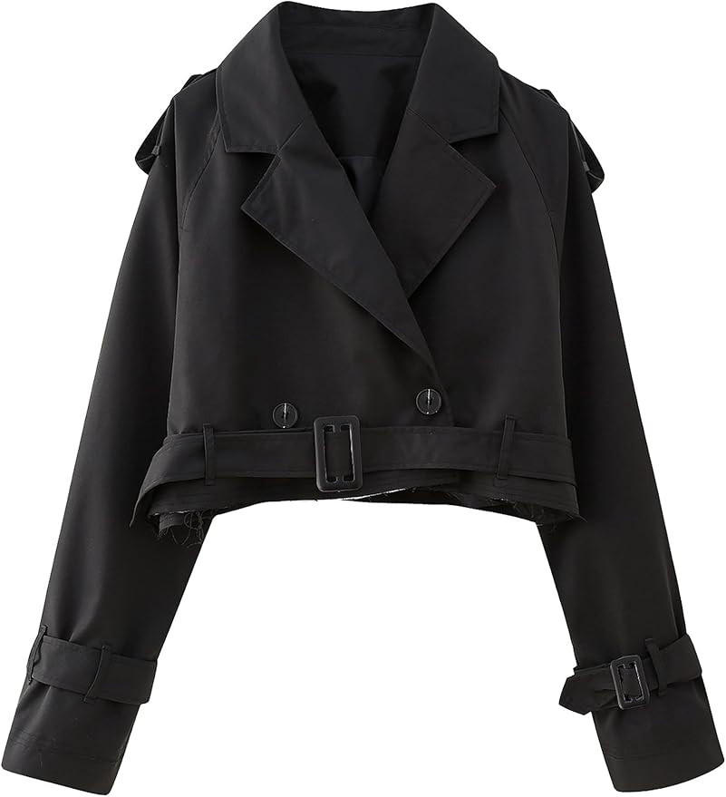 Xiaoxuemeng Womens Cropped Bike Jacket Casual Double Breasted Trench Coat with Belt | Amazon (US)