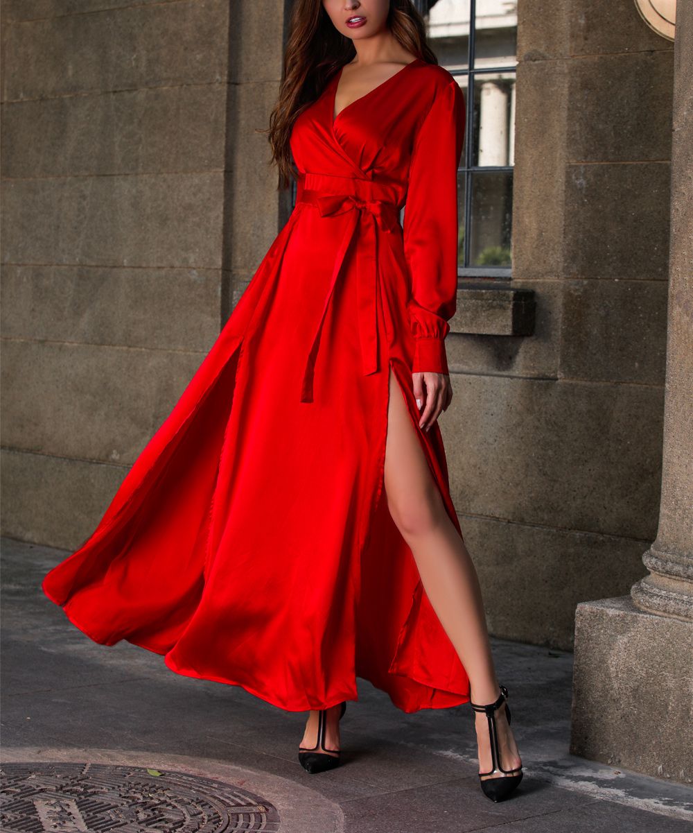 Yokodea Women's Maxi Dresses Red - Red Waist-Tie Surplice Maxi Dress | Zulily