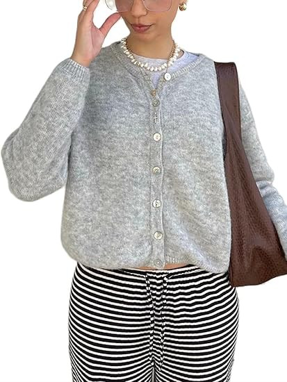Women's Casual Cardigan Sweater Button Down Crewneck Soft Knit Lightweight Going Out Pullover Top... | Amazon (US)