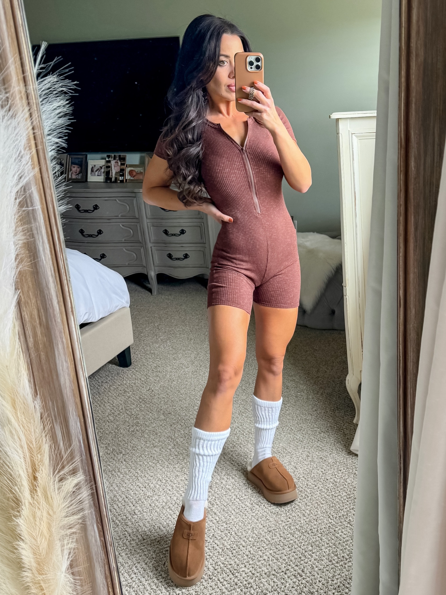 Ribbed romper. Lounge outfit. Ugg slides. Comfy casual  

#LTKSeasonal #LTKxPrime #LTKfindsunder50