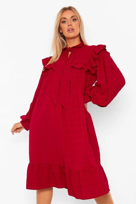 Plus Ruffle Detail Pussybow Midi Smock Dress | Boohoo.com (US & CA)