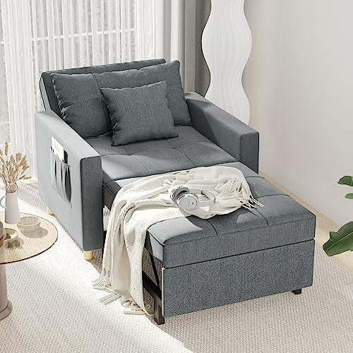 Esright Sleeper Chair, 3-1 Convertible Chair Bed Pull Out Single Sofa Bed with Adjustable Backrest, 2 Pillows, Side Pocket, Upgrade Memory Foam Armchair for Space Saving, Apartment, Office, Dark Grey | Amazon (US)