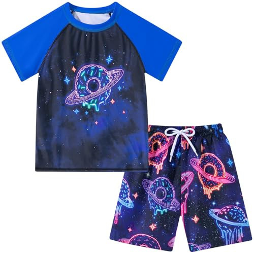 Boys Swim Set Swimsuit for Boy Neon Boys Swim Trunks with Rash Guard Size 7 8 Swimwear Short Sleeve Navy Black Doughnut Planet Kids Summer Swimming Suit | Amazon (US)