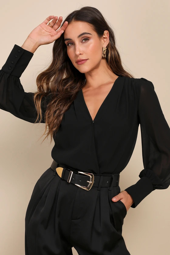 Sophisticated Aspect Black Chiffon Surplice Long Sleeve Bodysuit | Lulus