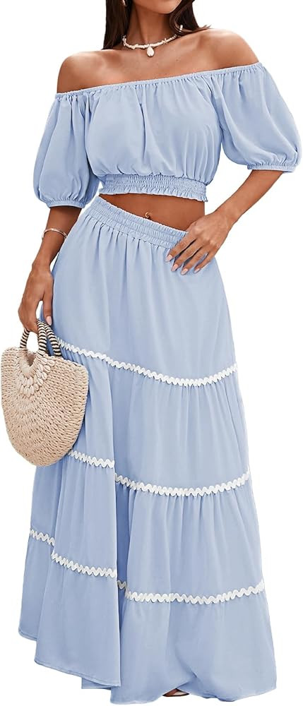 HUUSA 2026 Summer 2 Piece Boho Outfits for Women Short Sleeve Off Shoulder Crop Top and High Wais... | Amazon (US)