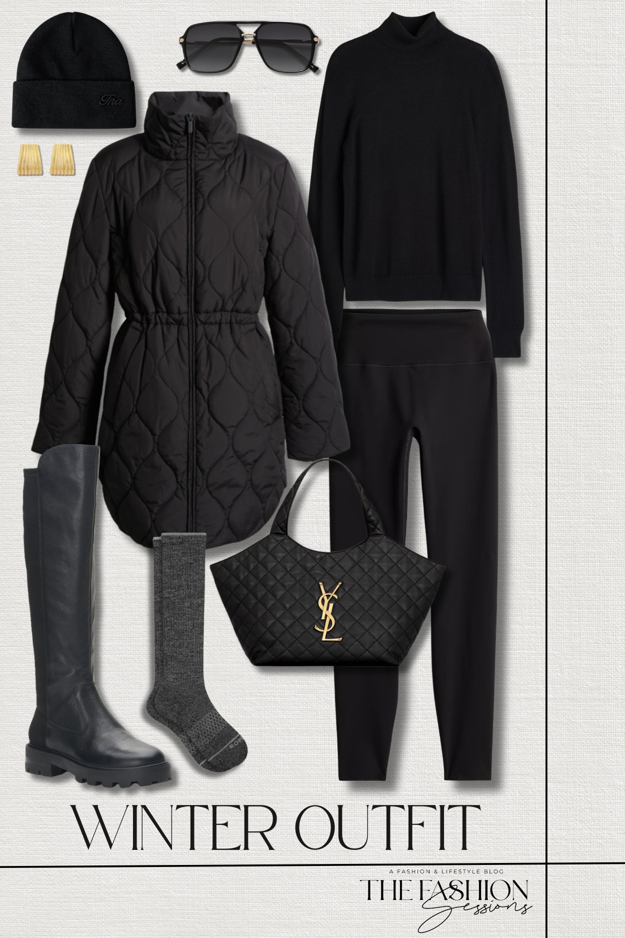 If we have to go outside, let's at least be cute!
skyline long quilted jacket | spanxshape everyday leggings | turtleneck sweater | waterproof knee-high boots | wool blend socks | snowcap beanie | chunky huggie earrings | retro aviators | saint laurent medium quilted bag | winter outfit | snow day outfit | casual outfit 

 #LTKootd #LTKSeasonal #LTKOver40