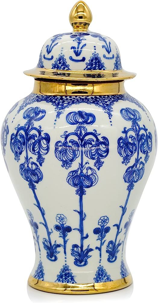 BALIOS Decor Handmade Gold Trim Blue and White Porcelain Fuchsia Flowers Ginger Jar with Lid, 9.1... | Amazon (US)