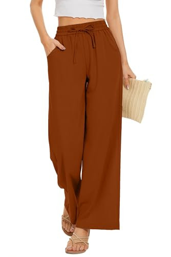 KICZOY Women Summer Pants Flowy Pants Drawstring Waist Wide Leg Palazzo Beach Pants Loose Fit with Pockets Deep Orange | Amazon (US)
