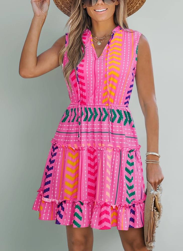 CUPSHE Damen Sommerkleid \u00c4rmellos V-Ausschnitt Bindeband Elastische Taille Minikleid Stufenk... | Amazon (DE)