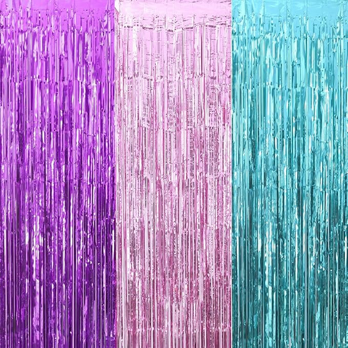 Unicorn Birthday Decorations for Girls Purple Pink Aquamarine Foil Fringe Tinsel Curtain Photo Bo... | Amazon (US)
